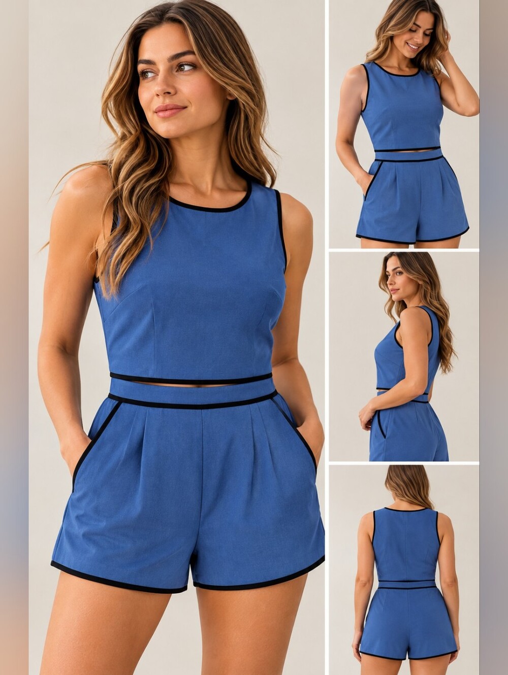 Blue & Black 2 Piece Crop Tank Top High Waist Shorts Set Medium NWOT